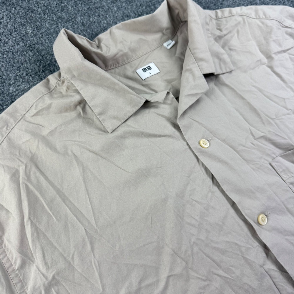Uniqlo Button Down Shirt L Beige Modal Cotton Short Sleeve Mens